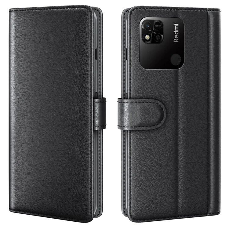 For Xiaomi Redmi 10A Case Genuine Split Leather Phone Cover with Wallet Stand - Black