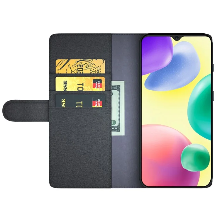 For Xiaomi Redmi 10A Case Genuine Split Leather Phone Cover with Wallet Stand - Black