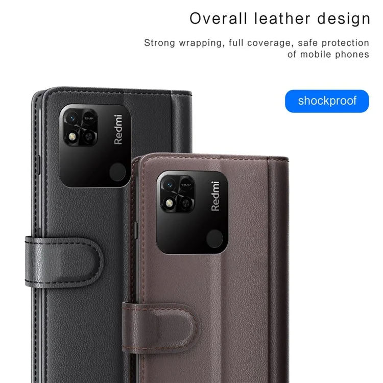 For Xiaomi Redmi 10A Case Genuine Split Leather Phone Cover with Wallet Stand - Black