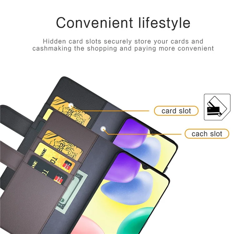 For Xiaomi Redmi 10A Case Genuine Split Leather Phone Cover with Wallet Stand - Black