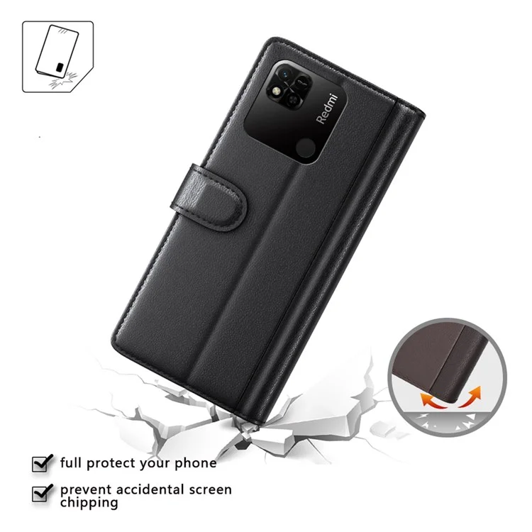 For Xiaomi Redmi 10A Case Genuine Split Leather Phone Cover with Wallet Stand - Black
