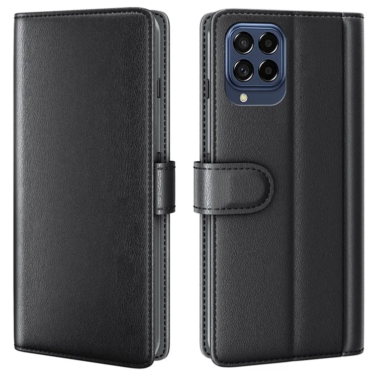 For Samsung Galaxy M53 5G Case Genuine Split Leather Phone Cover with Wallet Stand - Black