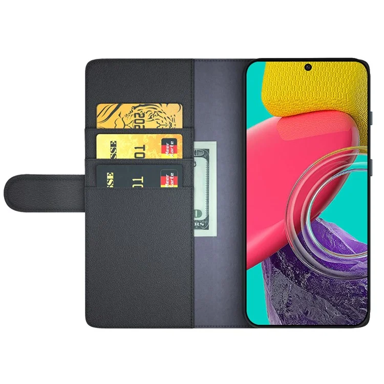 For Samsung Galaxy M53 5G Case Genuine Split Leather Phone Cover with Wallet Stand - Black