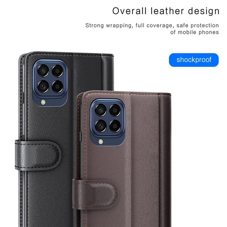 For Samsung Galaxy M53 5G Case Genuine Split Leather Phone Cover with Wallet Stand - Black