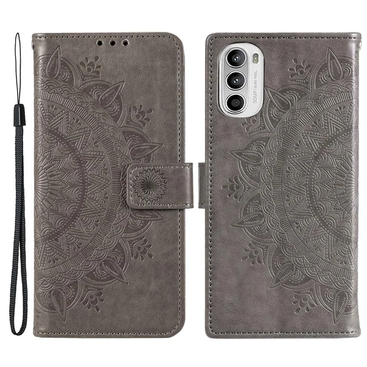 Pour Motorola Moto G52 4G PU Cuir Portefeuille Style de Style Stand Magnétique Magnétique Imprimé Mandala Flower Stand Téléphone Protecteur de Téléphone Avec Bracelet - Gris