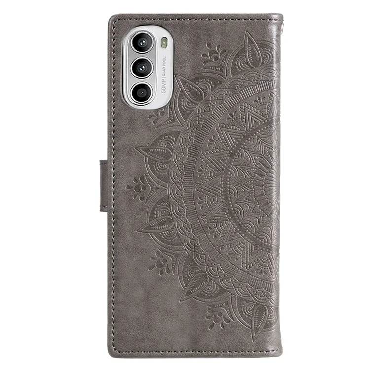 Pour Motorola Moto G52 4G PU Cuir Portefeuille Style de Style Stand Magnétique Magnétique Imprimé Mandala Flower Stand Téléphone Protecteur de Téléphone Avec Bracelet - Gris