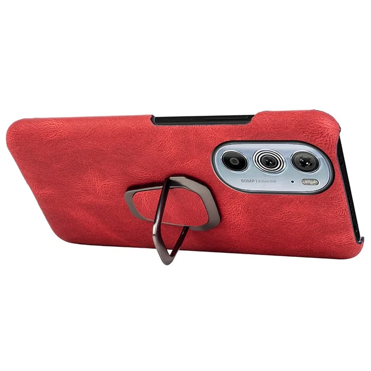 Für Motorola Edge 30 Pro (Motorola Edge+(2022)) Ringhalter Kickstand PU-Leder-PC-Abdeckung Kratzfestes Telefongehäuse - Rot