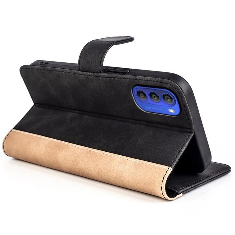 For Motorola Moto G31 Flip Leather Case Phone Protective Cover Color Splicing Stand Wallet Smartphone Shell - Black