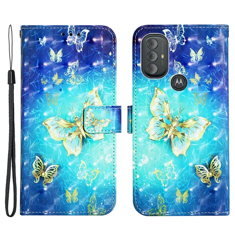 Serie de Cuero con Impresión de Patrones YB-2 para Motorola Moto G Power (2022) Funda de Cartera Decoración de Puntos de Luz Cuero PU Correa de Muñeca de Pie Cubierta Protectora - Mariposas Doradas