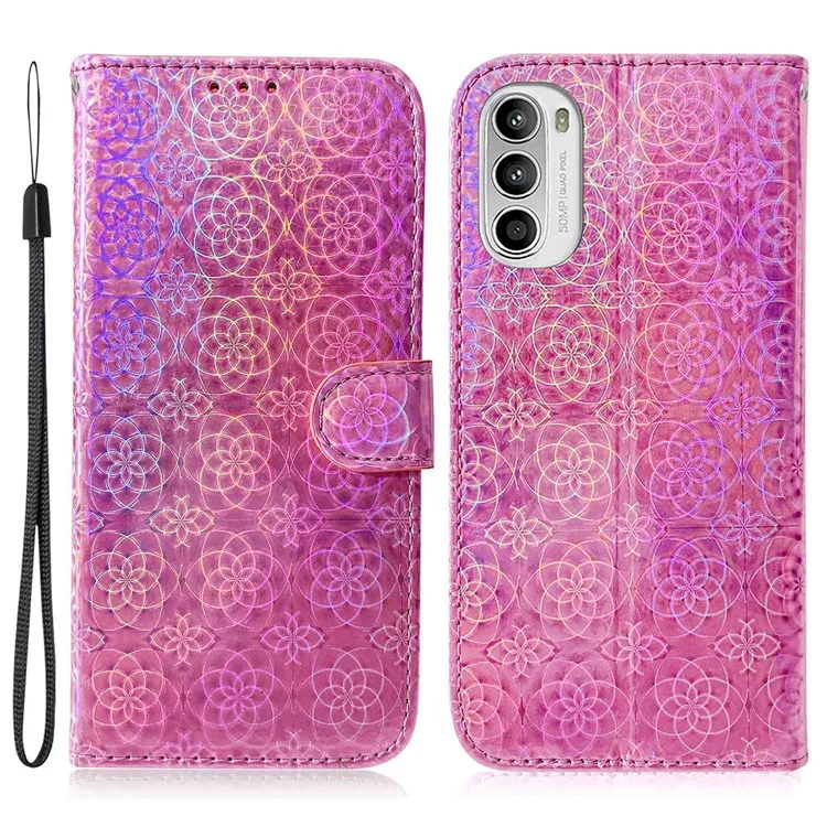 Per Motorola Moto G52 4G / G82 5G Custodia per telefono Custodia a portafoglio Custodia a scorrimento Porta carte di credito Motivo floreale scintillante Custodia protettiva in pelle PU anti-graffio - Rosa
