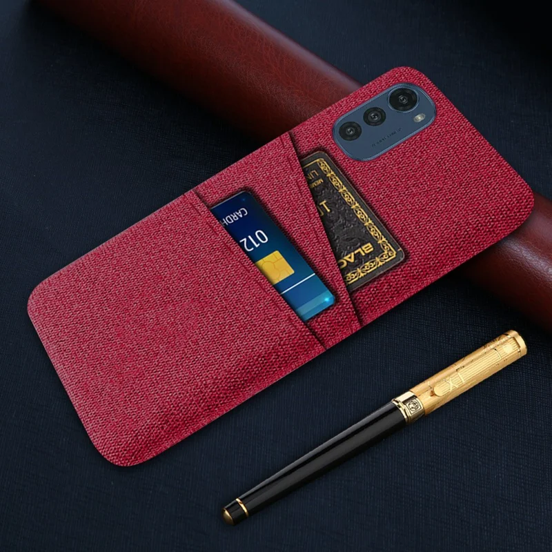 Dual Card Slots Protective Phone Cover for Motorola Moto E32 4G, Cloth Texture Shockproof Cloth + PC Case - Red