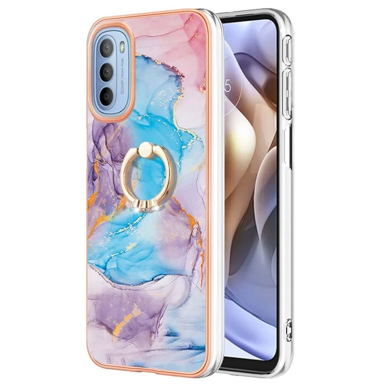 For Motorola Moto G31/G41 YB IMD Series-6 Marble Pattern Ring Kickstand Case Electroplating Soft TPU IMD Back Cover - Milky Way Marble Blue