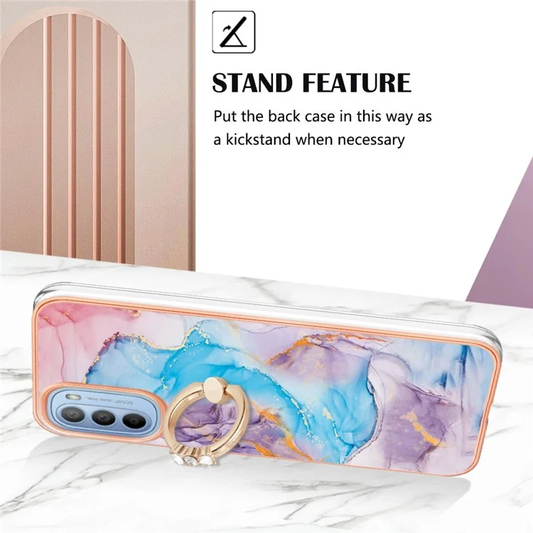 For Motorola Moto G31/G41 YB IMD Series-6 Marble Pattern Ring Kickstand Case Electroplating Soft TPU IMD Back Cover - Milky Way Marble Blue