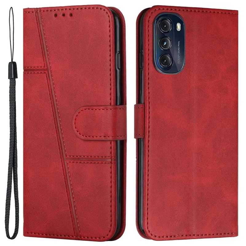Para Motorola Moto G (2022) Case de Cobertura Completa Case PU Cuero TPU Interior Folio Magnético Plegable Cubierta de Costura Con Correa - Rojo