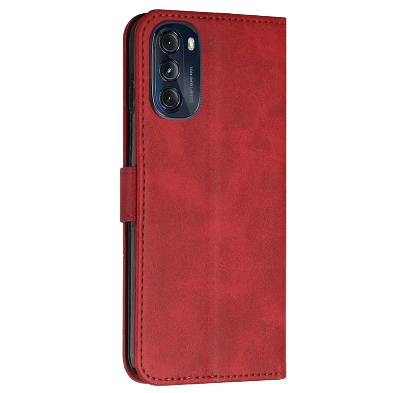 Para Motorola Moto G (2022) Case de Cobertura Completa Case PU Cuero TPU Interior Folio Magnético Plegable Cubierta de Costura Con Correa - Rojo