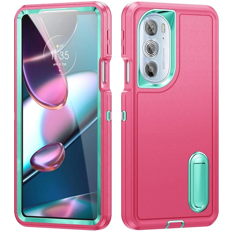 For Motorola Edge 30 Pro (Motorola Edge+ (2022)) Defender Series Hard PC + Soft TPU Kickstand Case Anti-drop Phone Cover - Rose/Light Cyan