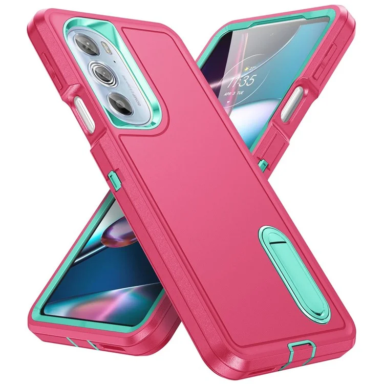 For Motorola Edge 30 Pro (Motorola Edge+ (2022)) Defender Series Hard PC + Soft TPU Kickstand Case Anti-drop Phone Cover - Rose/Light Cyan