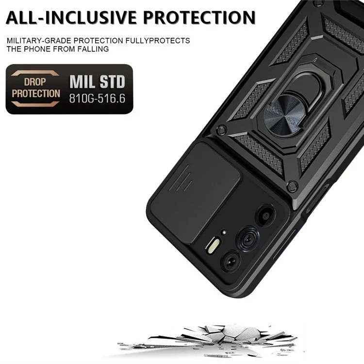 Für Motorola Edge X30 / Edge 30 Pro (Motorola Edge+ (2022)) Kratzfeste Schiebe-Kameraabdeckung, Hartplastik + TPU-Ring Ständergehäuse, stoßfeste Handyhülle - Schwarz