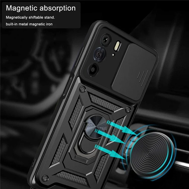 Per Motorola Edge 30 Pro Anti-scratch Slide Copertura Fotocamera PC + TPU Ring Kickstand Case Antidrop Shell - Nero