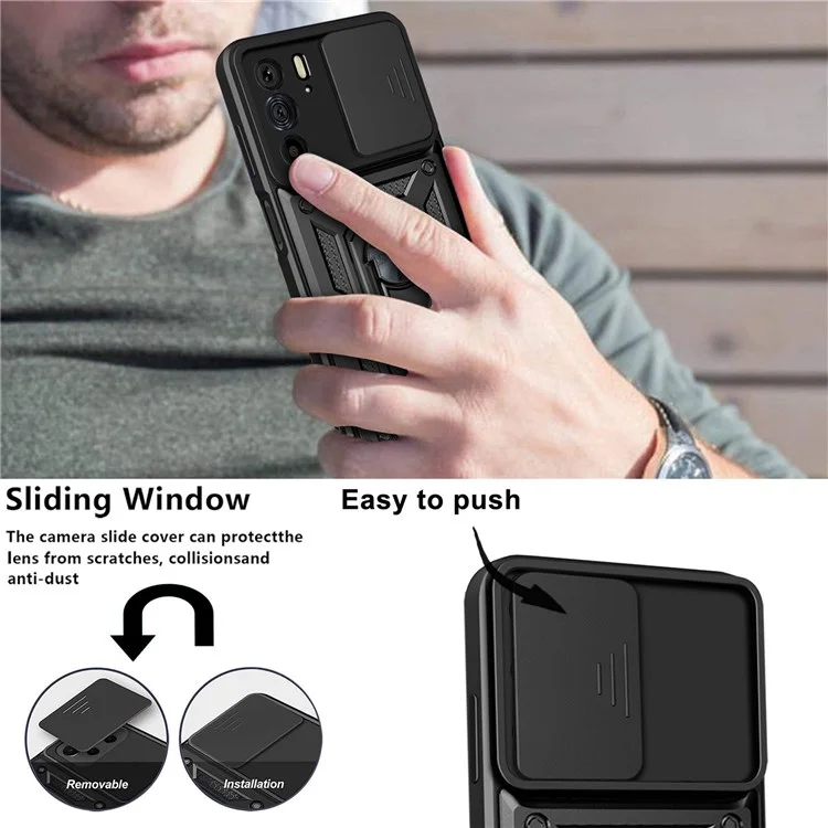 Für Motorola Edge X30 / Edge 30 Pro (Motorola Edge+ (2022)) Kratzfeste Schiebe-Kameraabdeckung, Hartplastik + TPU-Ring Ständergehäuse, stoßfeste Handyhülle - Schwarz