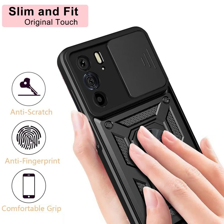 Für Motorola Edge X30 / Edge 30 Pro (Motorola Edge+ (2022)) Kratzfeste Schiebe-Kameraabdeckung, Hartplastik + TPU-Ring Ständergehäuse, stoßfeste Handyhülle - Schwarz
