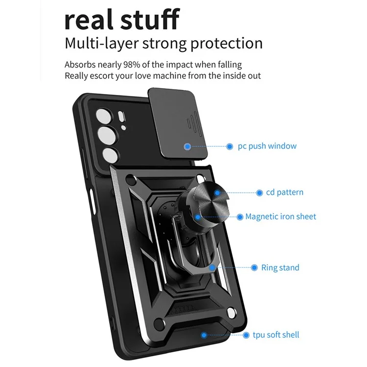 Per Motorola Edge 30 Pro Anti-scratch Slide Copertura Fotocamera PC + TPU Ring Kickstand Case Antidrop Shell - Nero