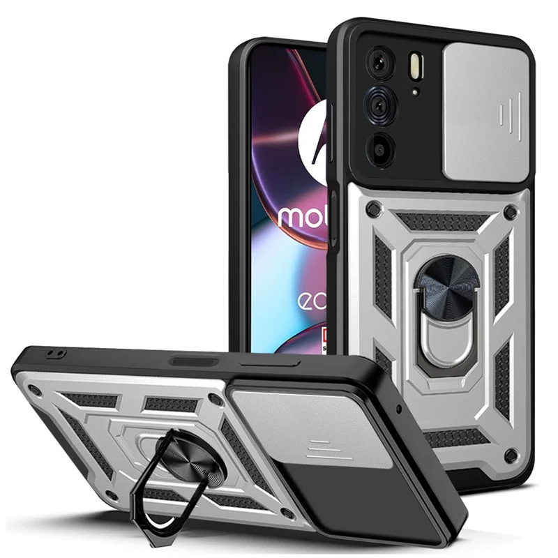 For Motorola Edge X30 / Edge 30 Pro (Motorola Edge+ (2022)) Anti-scratch Slide Camera Cover Hard PC + TPU Ring Kickstand Case Anti-drop Phone Shell - Silver