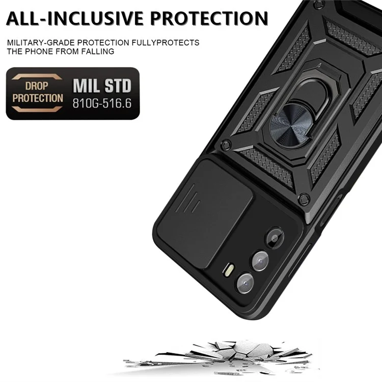 For Motorola Moto G52 4G / G82 5G Mobile Phone Shell Bag Slide Camera Protection PC + TPU Ring Kickstand Case Anti-drop Phone Cover - Black