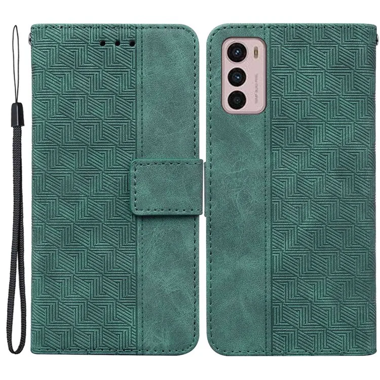 Para Motorola Moto G42 4G Dobrável Stand PU Leather Case Geometria Padrão Impresso Carteira de Telefone Capa com Alça - Verde