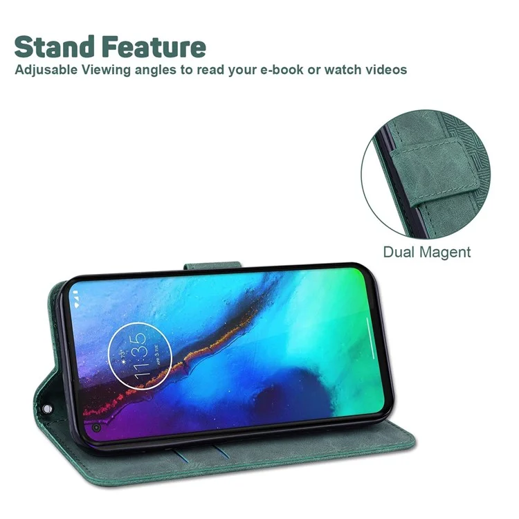 Para Motorola Moto G42 4G Dobrável Stand PU Leather Case Geometria Padrão Impresso Carteira de Telefone Capa com Alça - Verde