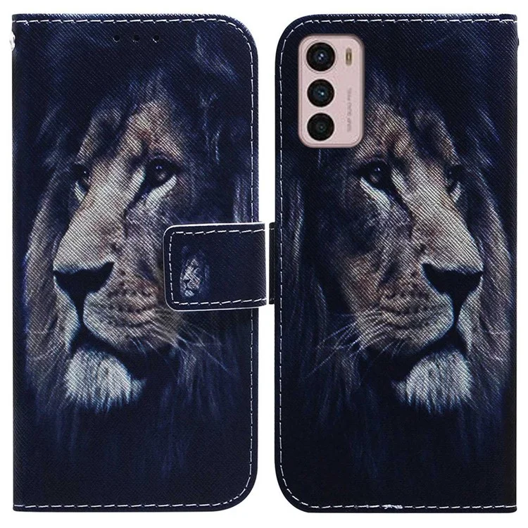 Tampa do Telefone de Impressão de Padrões Para Motorola Moto G42 4G, Caseiro Magnético PU Stand Stand Case Com Cinta - Leão