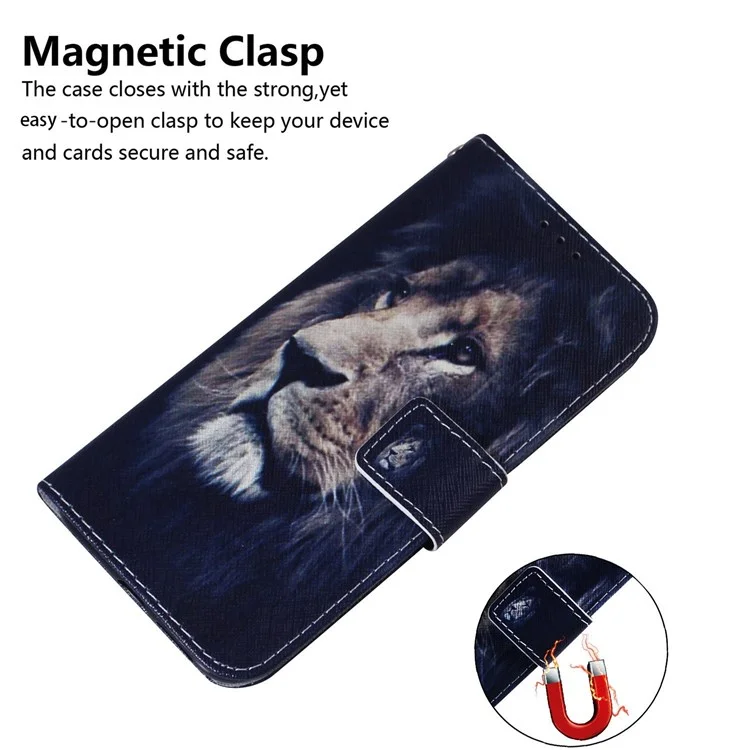 Tampa do Telefone de Impressão de Padrões Para Motorola Moto G42 4G, Caseiro Magnético PU Stand Stand Case Com Cinta - Leão