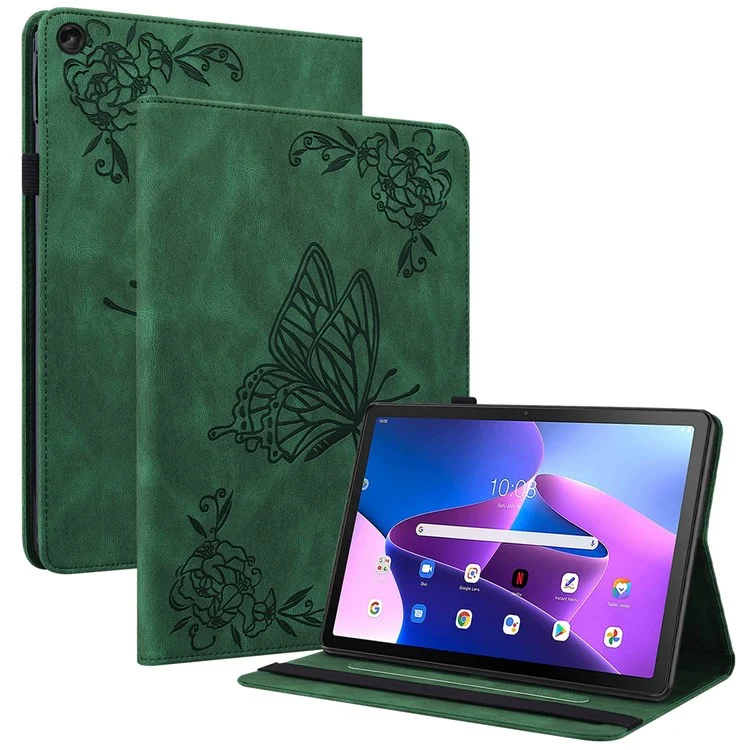 Schmetterlingsblumen-bedrucktes Tablettenetui für Lenovo Tab M10 (Gen 3), PU-Leder-Ständer, Kartenfach, Schutzhülle - Grün