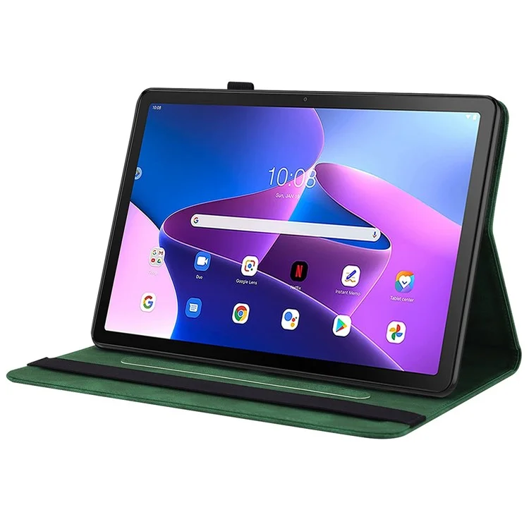 Schmetterlingsblumen-bedrucktes Tablettenetui für Lenovo Tab M10 (Gen 3), PU-Leder-Ständer, Kartenfach, Schutzhülle - Grün