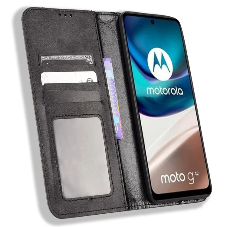 Para Motorola Moto G42 4G Retro Textura Casal de Casal de Capa Magnetic Stand Stand Wallet Flip Tampa - Preto