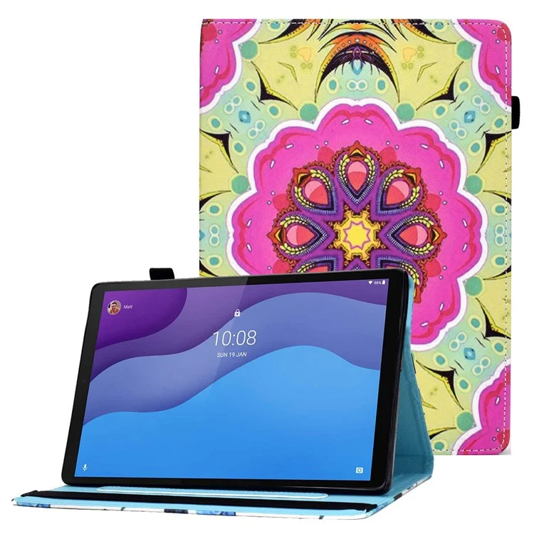 Für Lenovo Tab M10 (Gen 3) TB-328FU / TB-328XU Musterbedrucktes Leder-Ständer-Schutzgehäuse Kartenschlitze Smartcover mit elastischem Band und Stifthalter - Pink Mandala