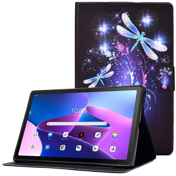 Case de Tableta de Cuero PU Para Lenovo Tab M10 (Gen 3) TB-328F, Portada de la Tarjeta de Impresión de Patrones Cubierta a Prueba de Choque Con Soporte Ajustable - Libélula
