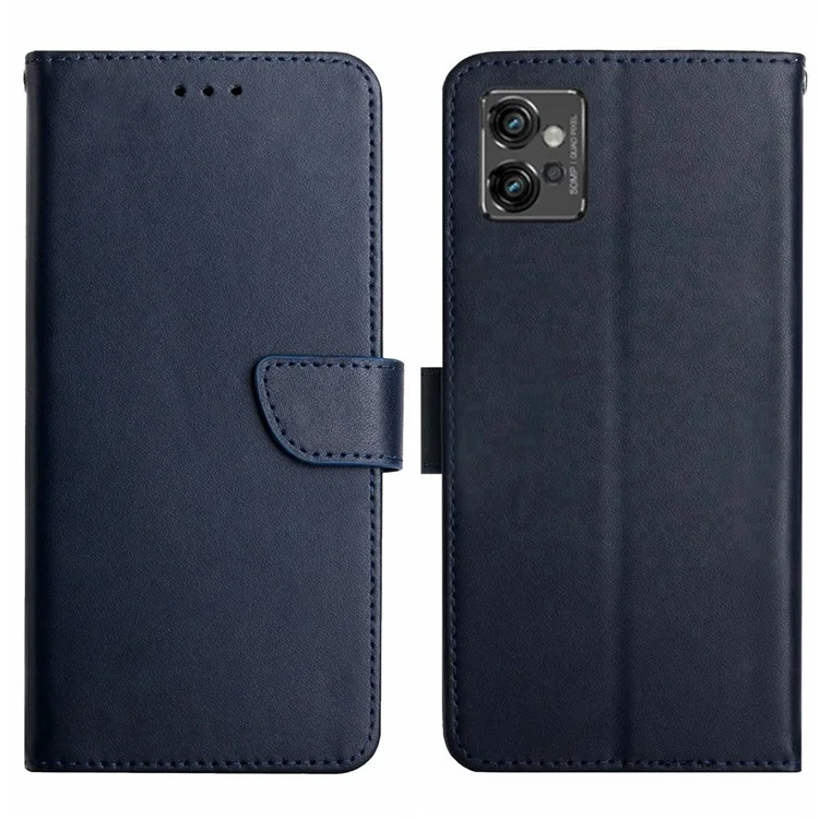 HT02 Shockproof Phone Case for Motorola Moto G32 4G, Nappa Texture Genuine Leather Magnetic Closure Stand Phone Cover - Blue