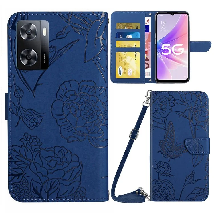 HT03 Case de Téléphone à la Peau Pour Oppo A57 (2022) 5G / 4G / A77 5G / 4G / Realme Narzo 50 5G, Fleurs Papillon Imprimant le Couvercle de Couverture de Téléphone de Portefeuille en Cuir pu en Cuir PU pu - Bleu