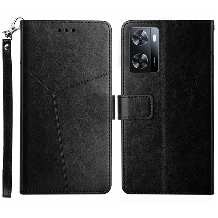 Case de Téléphone à L'épreuve Des Chocs Pour Oppo A57 4G / A57 (2022) 5G / A77 5G / 4G / Realme Narzo 50 5G, Portefeuille Ht01, Lignes Imprimées en Forme de y pu Couver Avec Sangle - le Noir
