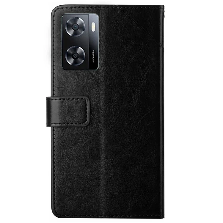 Case de Téléphone à L'épreuve Des Chocs Pour Oppo A57 4G / A57 (2022) 5G / A77 5G / 4G / Realme Narzo 50 5G, Portefeuille Ht01, Lignes Imprimées en Forme de y pu Couver Avec Sangle - le Noir