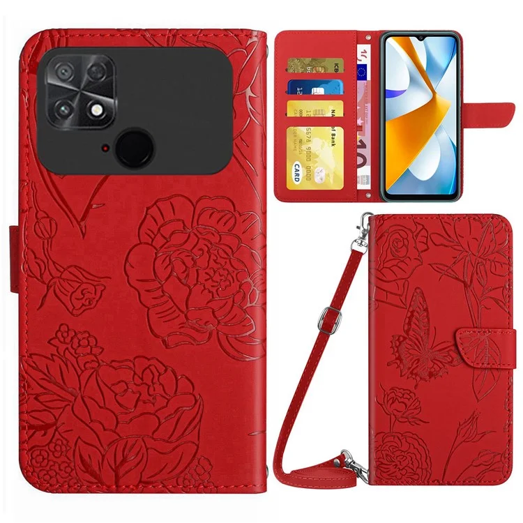 HT03 Anti-drop Phone Case for Xiaomi Poco C40 4G, Skin-touch PU Leather Butterfly Flowers Imprinting Wallet Cover Stand with Shoulder Strap - Red