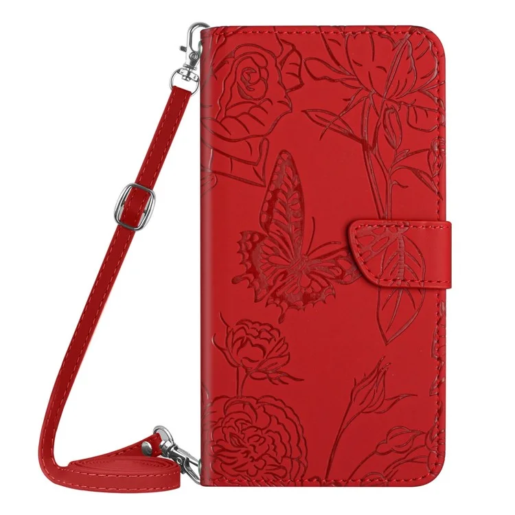HT03 Anti-drop Phone Case for Xiaomi Poco C40 4G, Skin-touch PU Leather Butterfly Flowers Imprinting Wallet Cover Stand with Shoulder Strap - Red