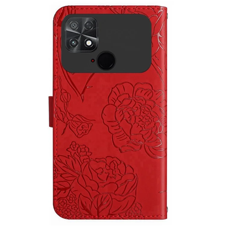 HT03 Anti-drop Phone Case for Xiaomi Poco C40 4G, Skin-touch PU Leather Butterfly Flowers Imprinting Wallet Cover Stand with Shoulder Strap - Red