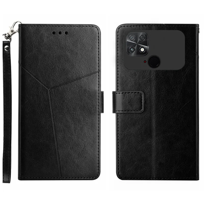 Para Xiaomi Poco C40 4G HT01 Carteira Funcionalidade de Suporte Impresso Linhas em Forma de Y Capa de Telefone de Couro PU Anti-queda Capa com Tira - Preto