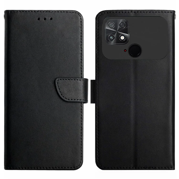 HT02 Cell Phone Case for Xiaomi Poco C40 4G, Anti-Scratch Drop-Proof Nappa Texture Genuine Leather Cover with Stand - Black