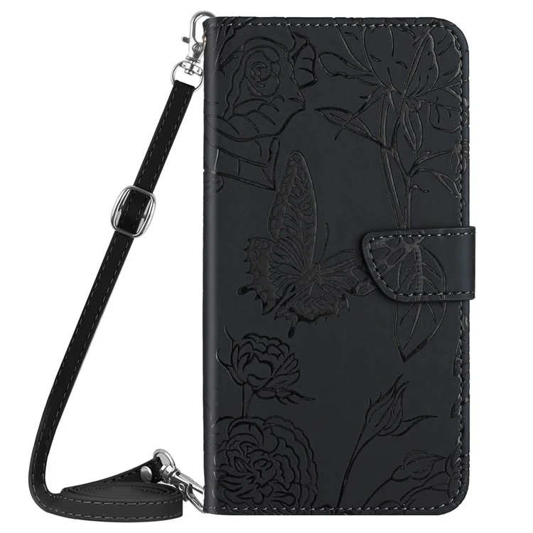 For Motorola Edge 30 Neo 5G Skin-touch PU Leather Stand Wallet Case Butterfly Flowers Imprinting Phone Cover with Shoulder Strap - Black