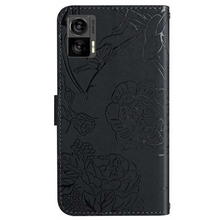 For Motorola Edge 30 Neo 5G Skin-touch PU Leather Stand Wallet Case Butterfly Flowers Imprinting Phone Cover with Shoulder Strap - Black