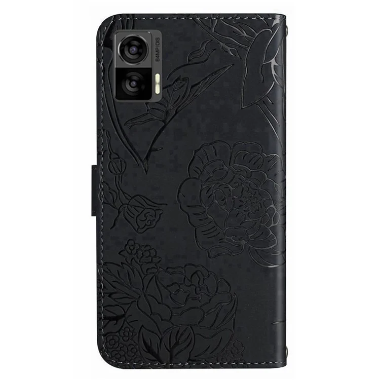 For Motorola Edge 30 Neo 5G PU Leather Skin-touch Butterfly Flowers Imprinting Magnetic Clasp Case Phone Wallet Stand Cover with Hand Strap - Black