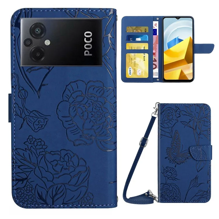Per Xiaomi Poco M5 4G Fiori di Farfalla Copertura Telefonica Impronta PU Pulla Pulla Percolo Custura Custole Con Occio - Blu
